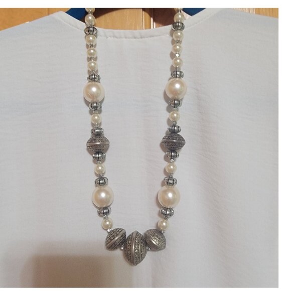 Pearl and Stamped Bead Necklace - Picture 4 of 6